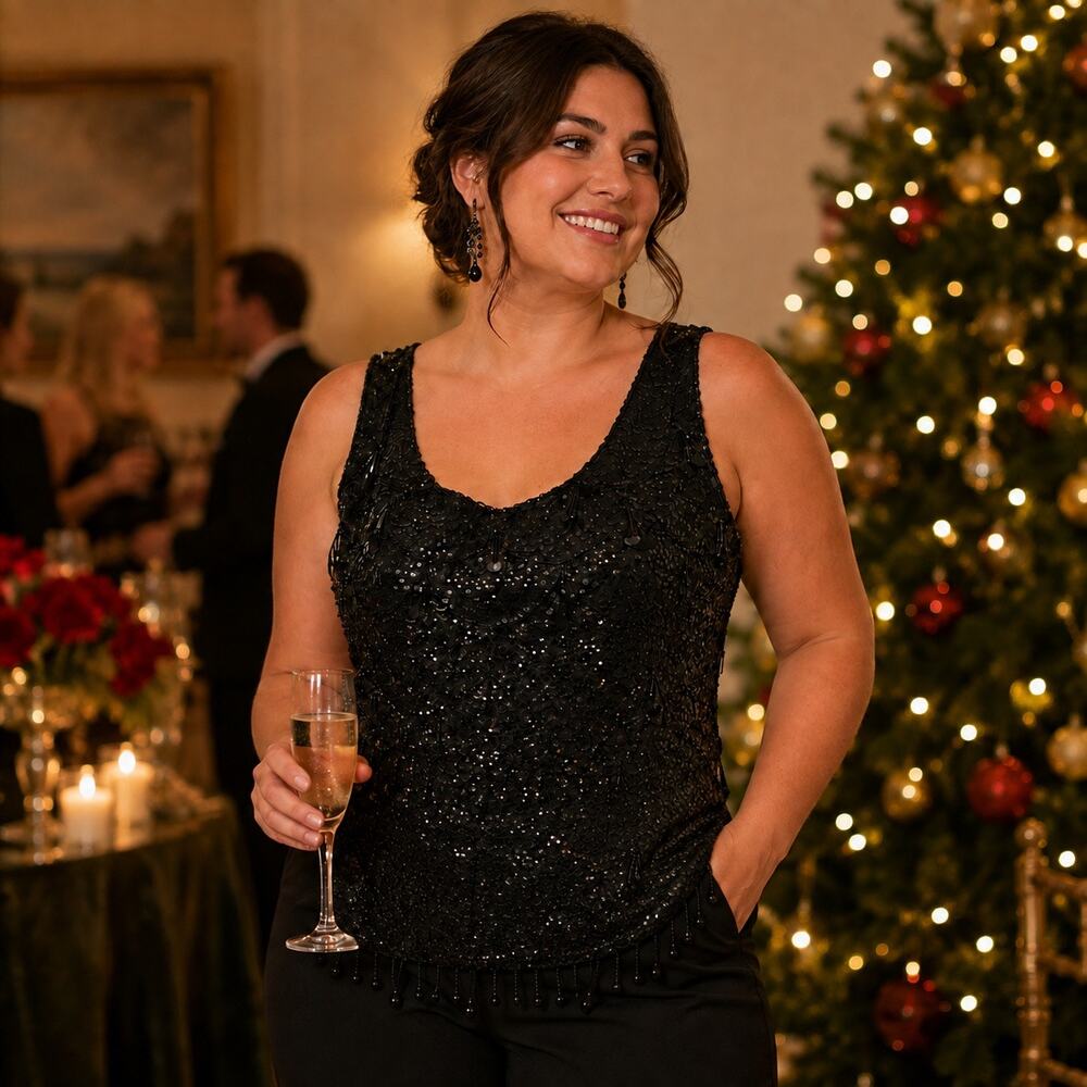 Cardell Vintage Black Beaded Sequin Fringe Wool Holiday Party Cocktail Top L